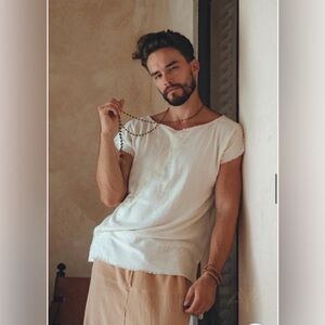 White Raw Edge Thick Cotton Top Tee for Men